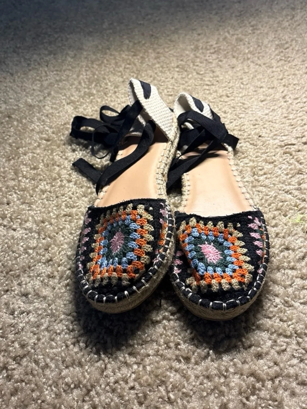 Black Crochet Lace-Up Espadrilles with Multicolor Accents